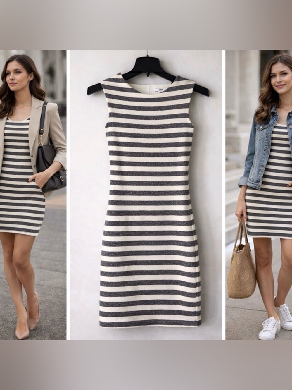 Bar III Striped Bodycon Mini Dress XS Charcoal Cream Fitted Stretch Chic EUC